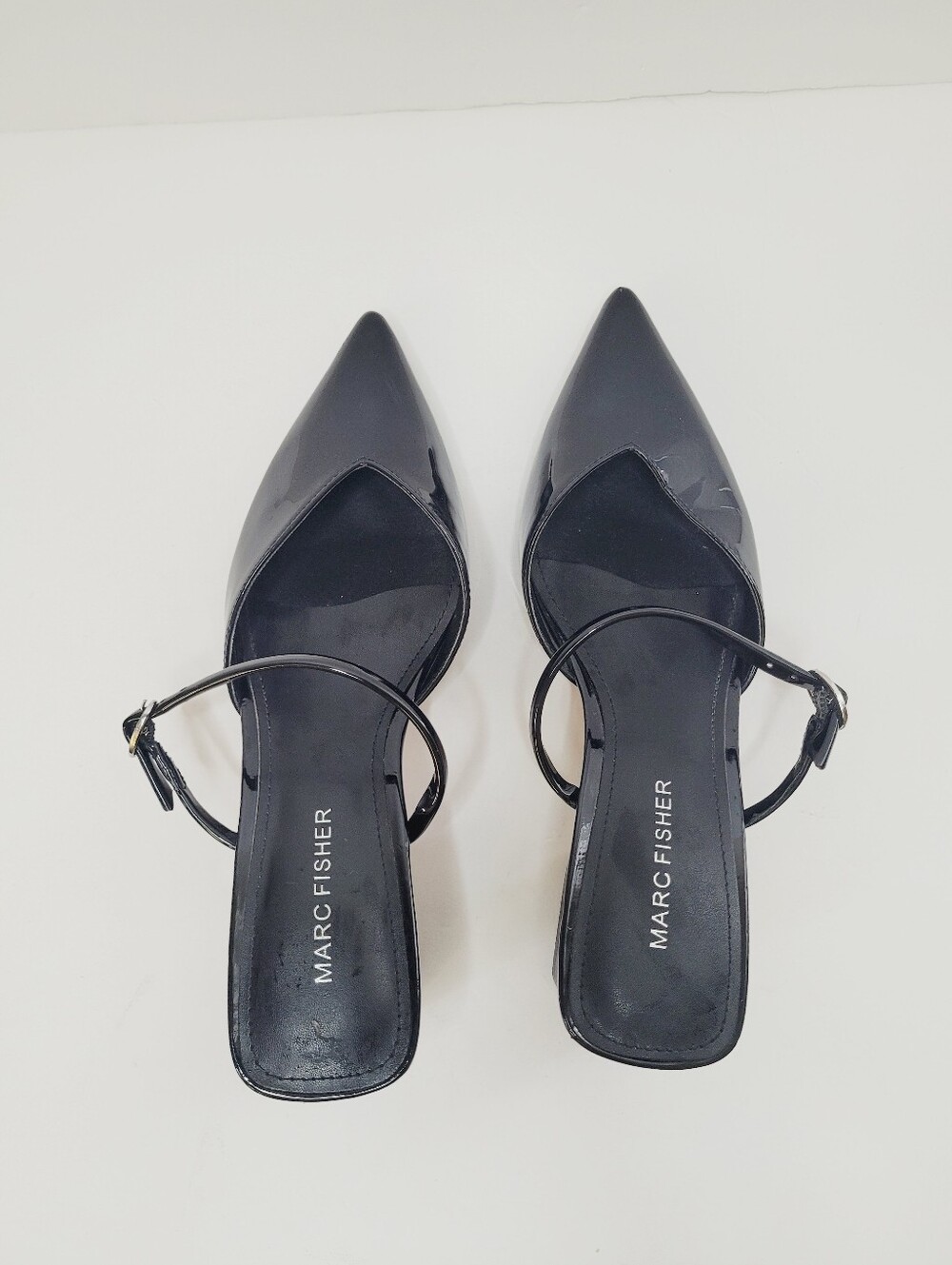 Marc Fisher Lakey Heeled Mule Pumps Women's Black Patent Pointy Toe Block Heel
